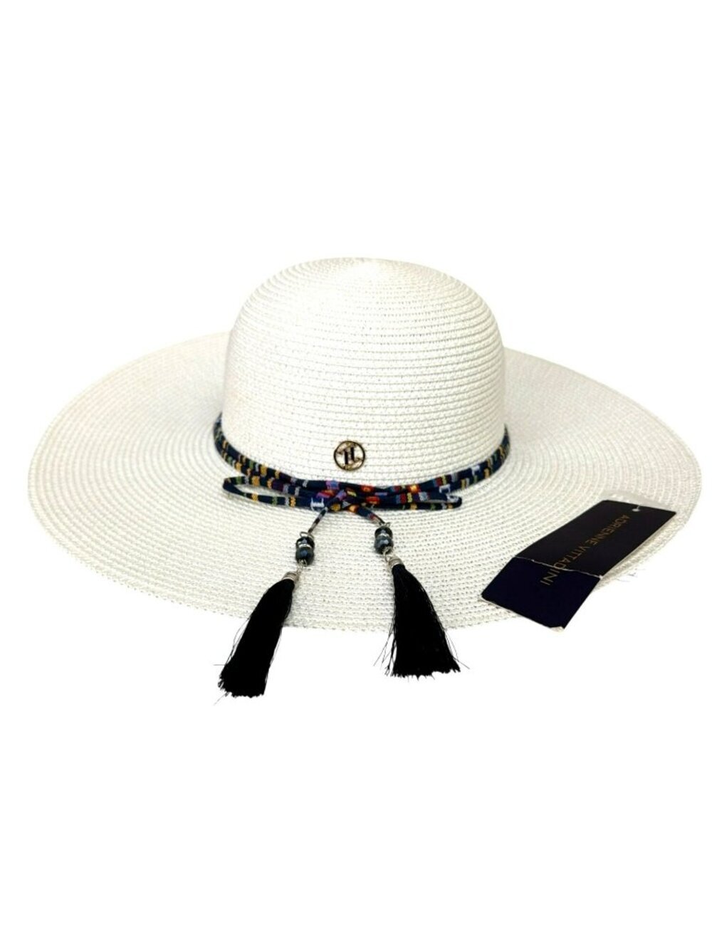 New Adrienne Vittadini White Wide Brim Hat W/ Multicolor Band & Tassels